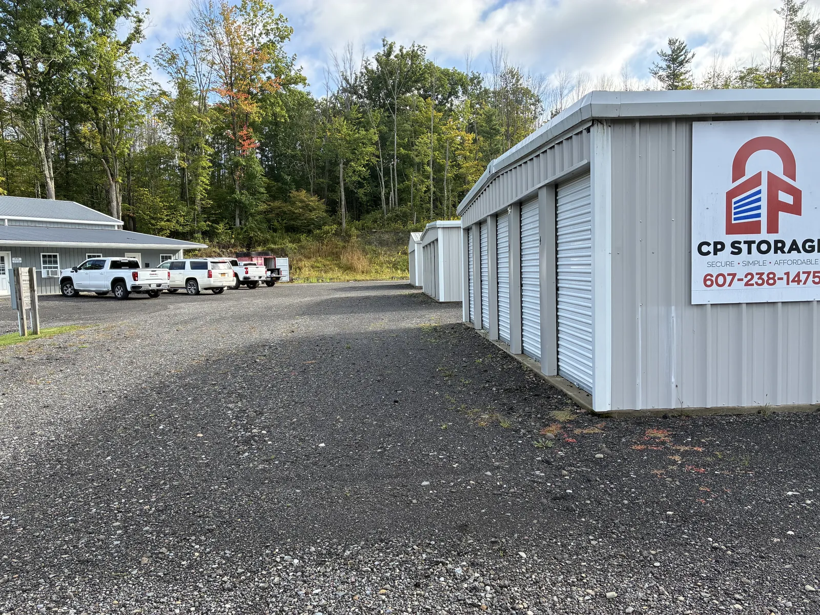 CP Storage office and company vehicles at the Airport Road facility