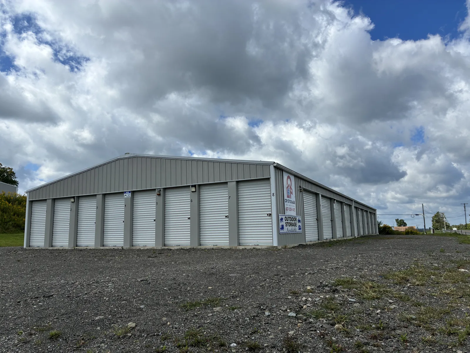 CP Storage West signage advertising outdoor storage for boats, campers, RVs, and trailers